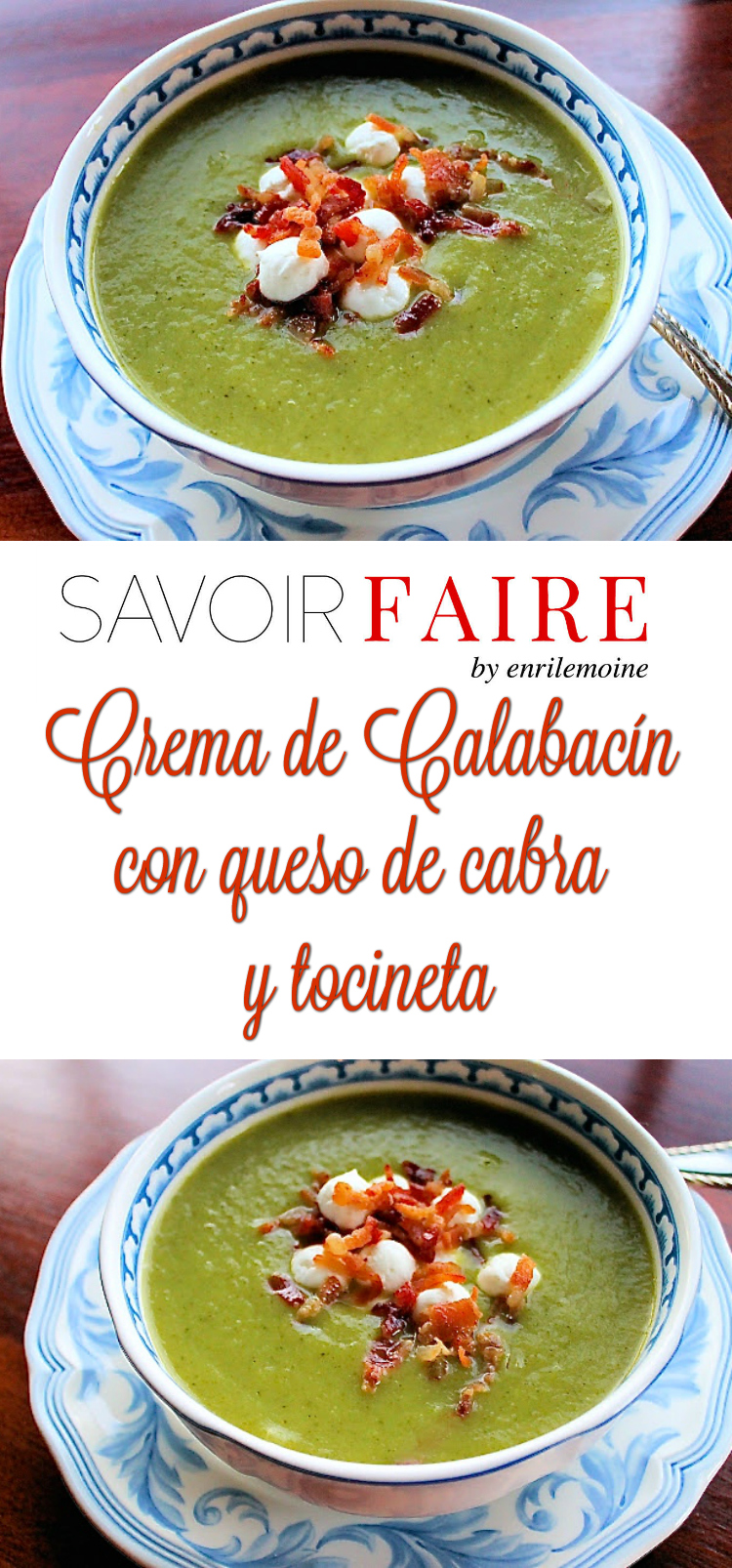 Una receta de sopa tan sencilla como lo es la de crema de calabacín, e convierte en una fiesta para los sentidos con la adición, al momento de servir, de perlitas de queso de cabra fresco y crujiente tocineta.