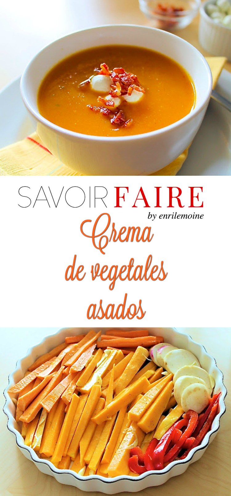 El ingrediente principal de esta crema de vegetales asados es la calabaza. Tiene además batatas, zanahorias y nabos, además de pimentón (pimiento) rojo. Haz clic para ver la receta de esta sopa paso a paso,