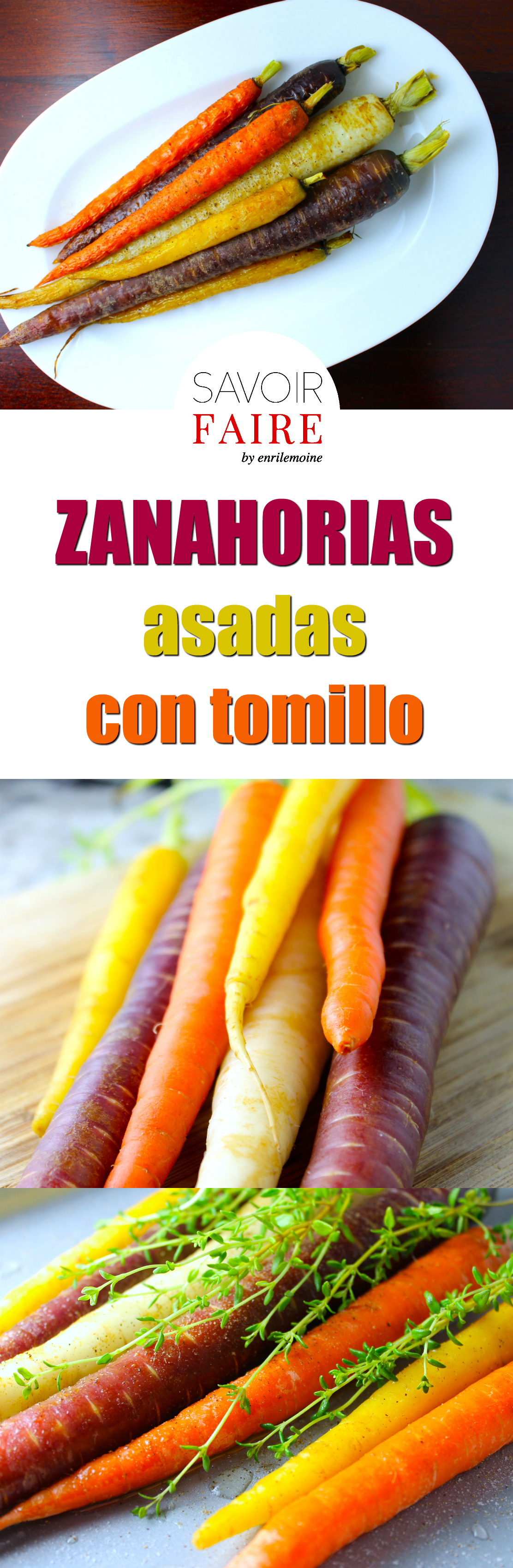 Las zanahorias multicolores, asadas con un poco de aceite de oliva, sal marina. pimienta negra recién molida y tomillo fresco, ponen los colores de la tierra en la mesa y son un contorno fácil de preparar, muy rico, verano y gluten free. Haz clic para que veas cómo se preparan.
