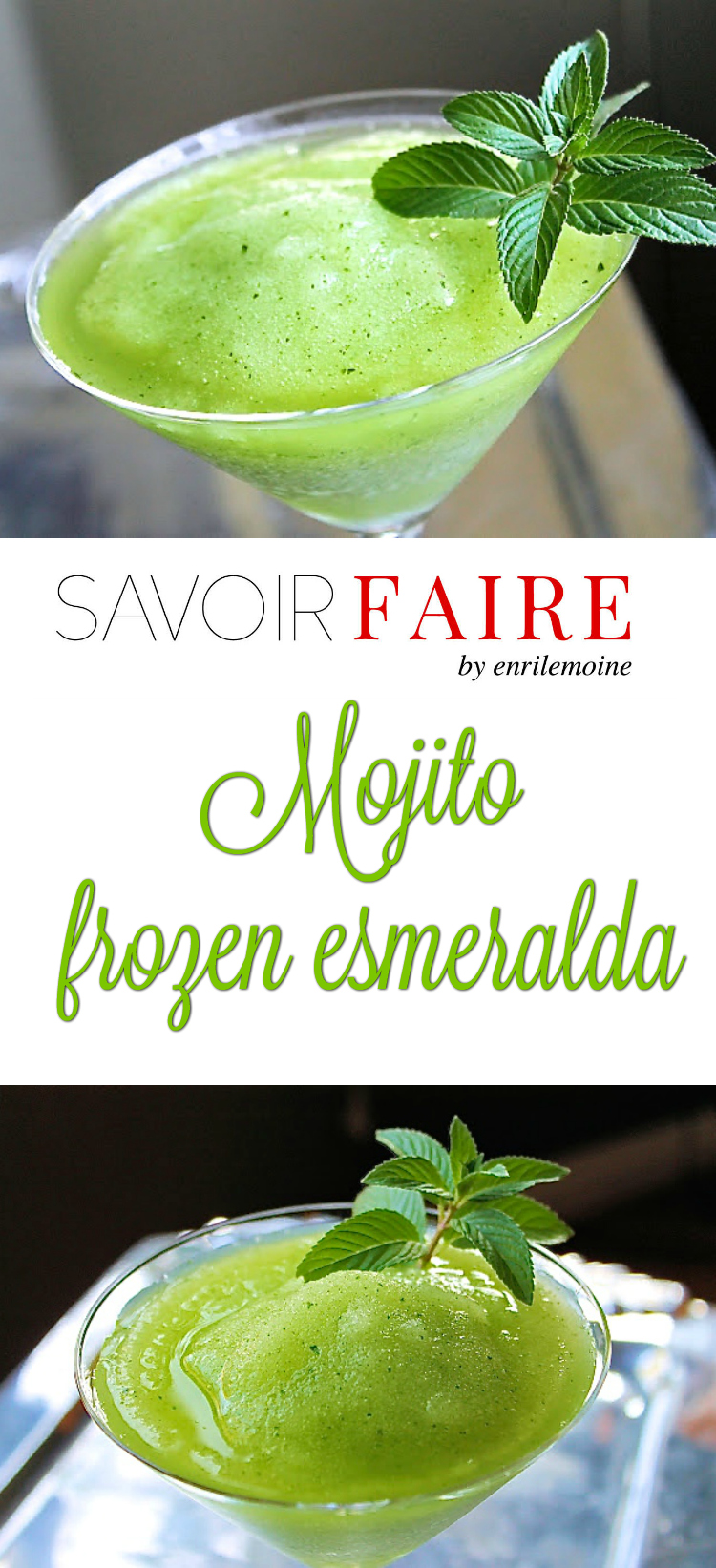 Lo que diferencia a este mojito frozen esmeralda de otros mojitos, es que se sirve frappé una vez que todos sus ingredientes son licuados con abundante hielo. Haz clic para ver la receta.
