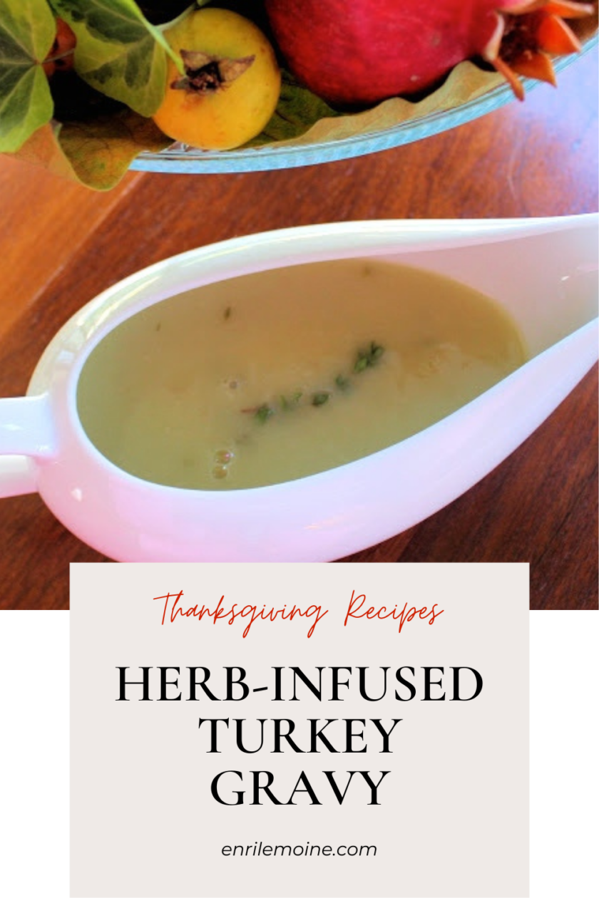 Herb-infused turkey gravy on a gravy boat, by enrilemoine.