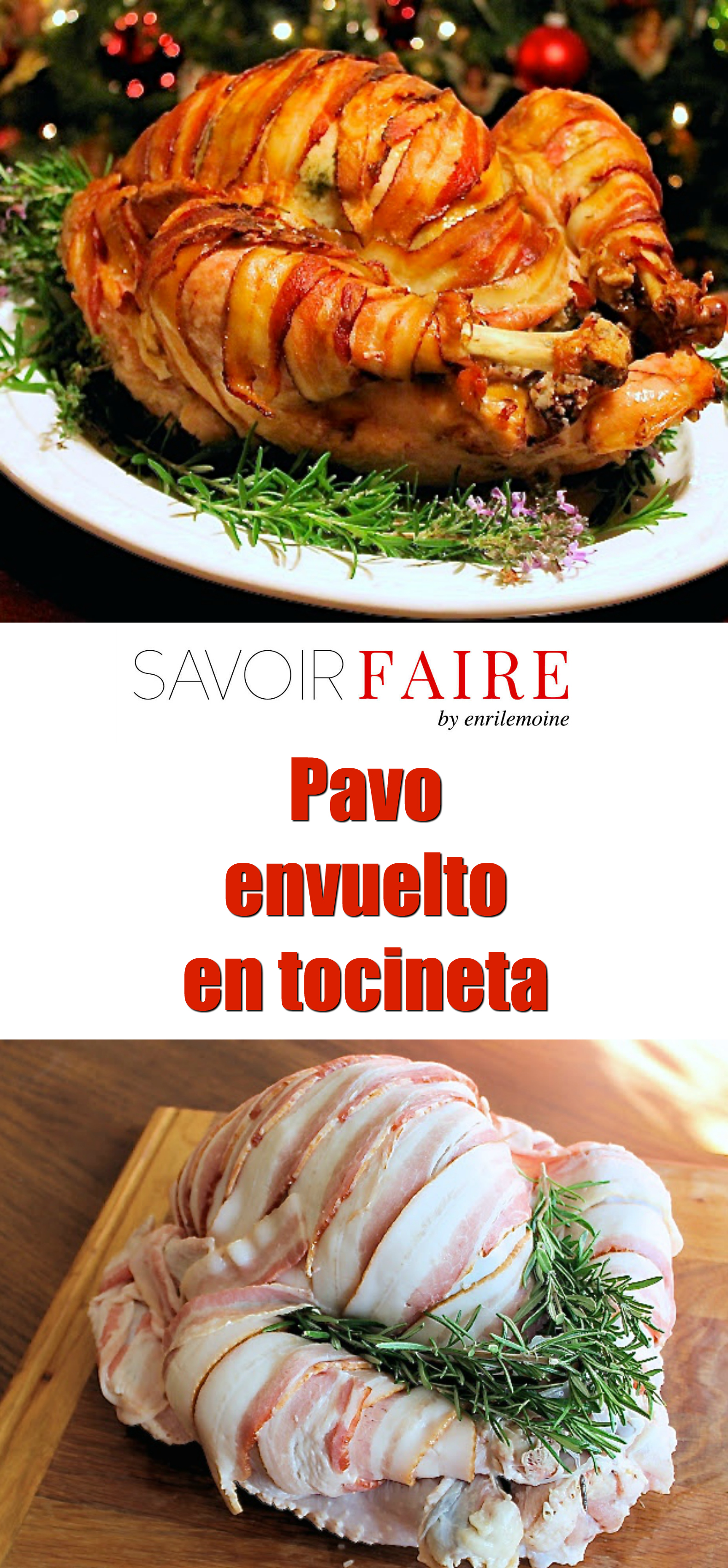Nadie se resiste a la tentación de la tocineta. Este pavo asado envuelto en tocineta será el centro de atención en tu mesa de Acción de Gracias o Navidad. Haz clic para ver la receta paso a paso. GRACIAS!
