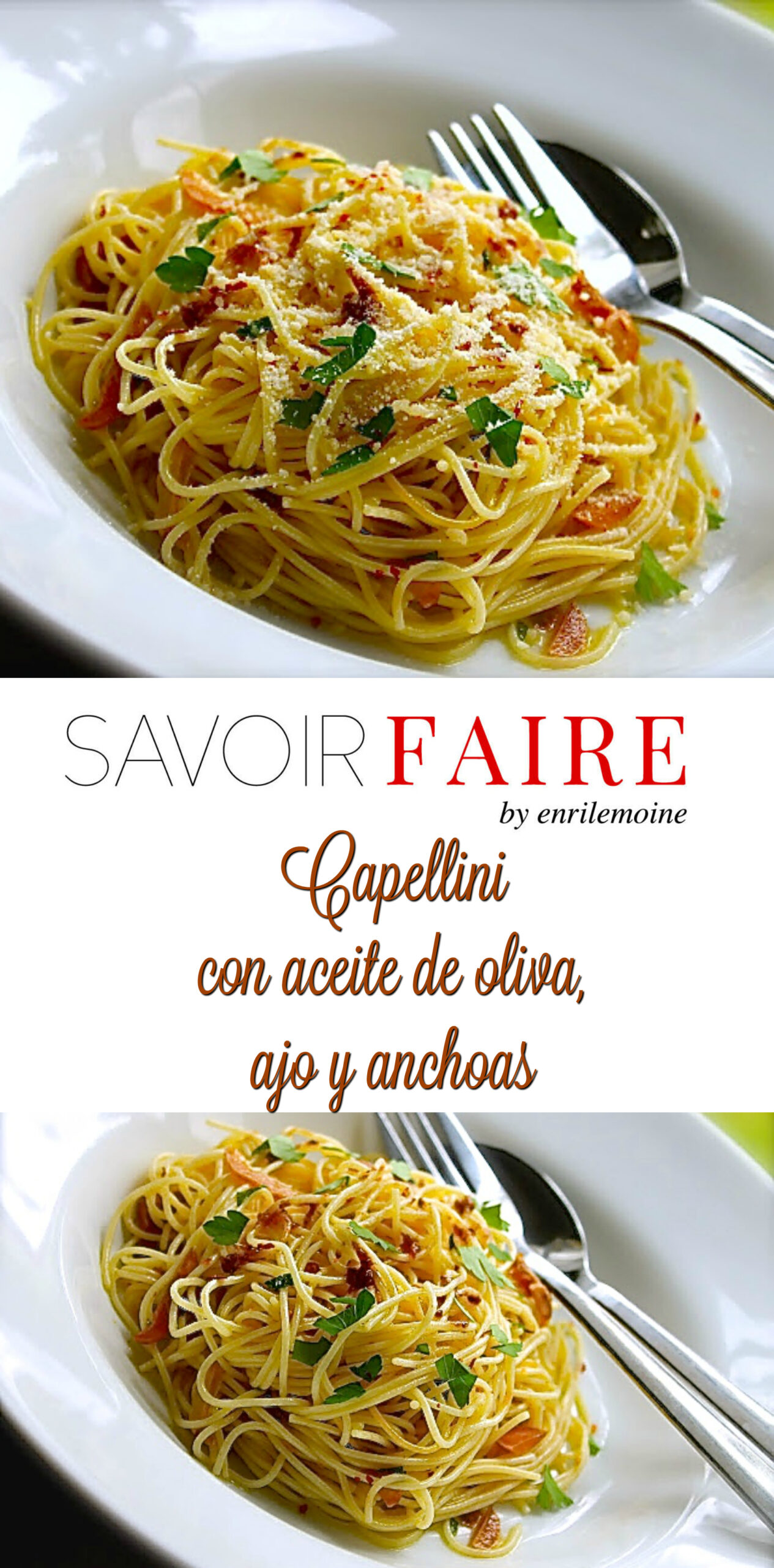 Capellini con aceite de oliva, ajo y anchoa Enri Lemoine