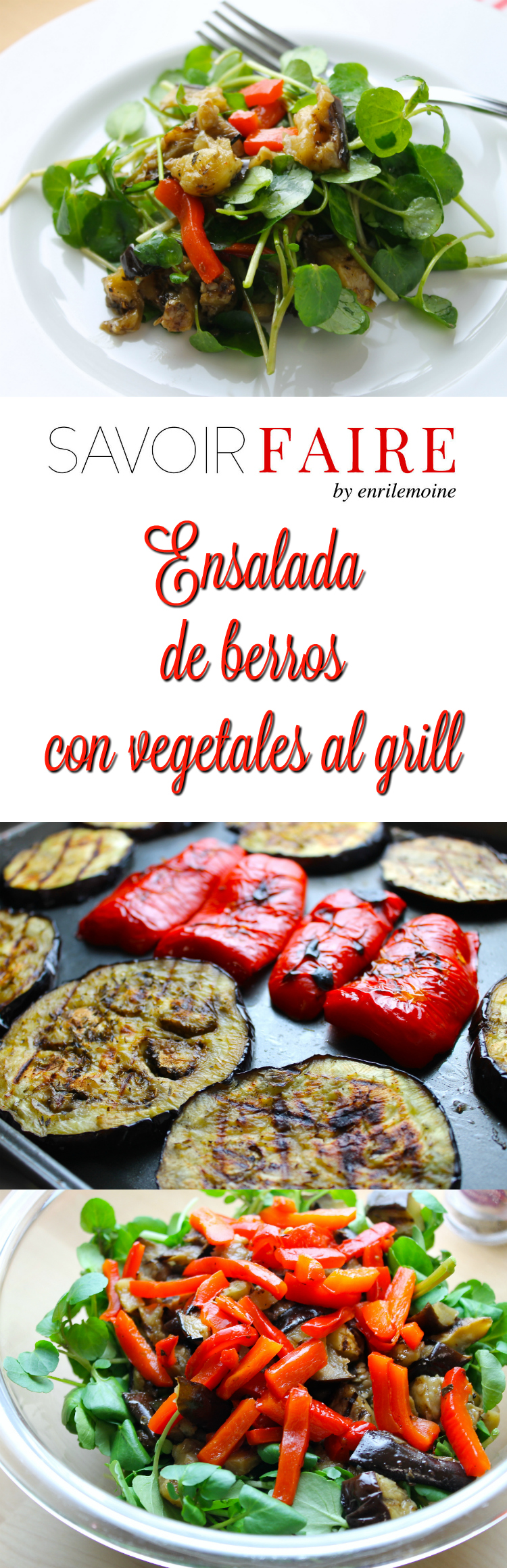 Porque al grill la vida es más sabrosa, esta ensalada de berros se prepara con berenjenas y pimentones asados al grill. Más veraniega imposible.