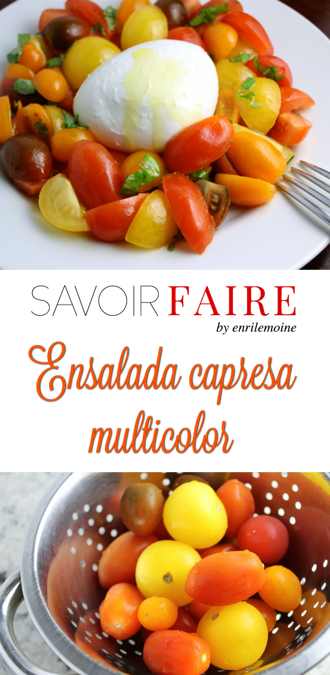 Esta ensalada capresa multicolor se prepara con una mezcla de tomates multicolores, mozzarella de búfala, aceite de oliva y albahaca fresca. Haz clic para ver la receta.
