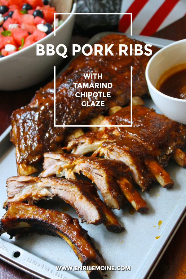 These BBQ pork ribs are juicy and extra tender. They are seasoned with a dry rub, grilled on a charcoal grill over indirect fire and then covered with a tamarind-chipotle glaze that will have everybody finger-licking! They are simple perfect for your 4th of July BBQ. Click for the step-by-step recipe. #Ad #GetGrillingAmerica