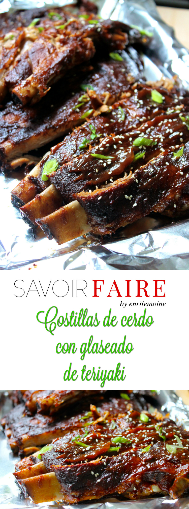 Para chuparse los dedos, así son estas costillas de cerdo al horno que terminan de asarse a la parrilla con un glaseado de salsa teriyaki. Se sirven con un poco de cebollín y semillas de sésamo. Son perfectas para celebrar el 4 de julio. #Ad #SaborSmithfield