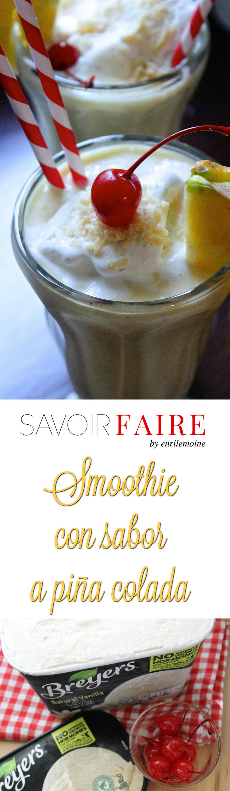 Una merienda fácil y deliciosa, así es este smoothie con sabor a piña colada, que se prepara con helado de vainilla, piña y coco seco tostado.Haz clic para ver cómo se prepara. #Ad #MiCocinaViveMejor