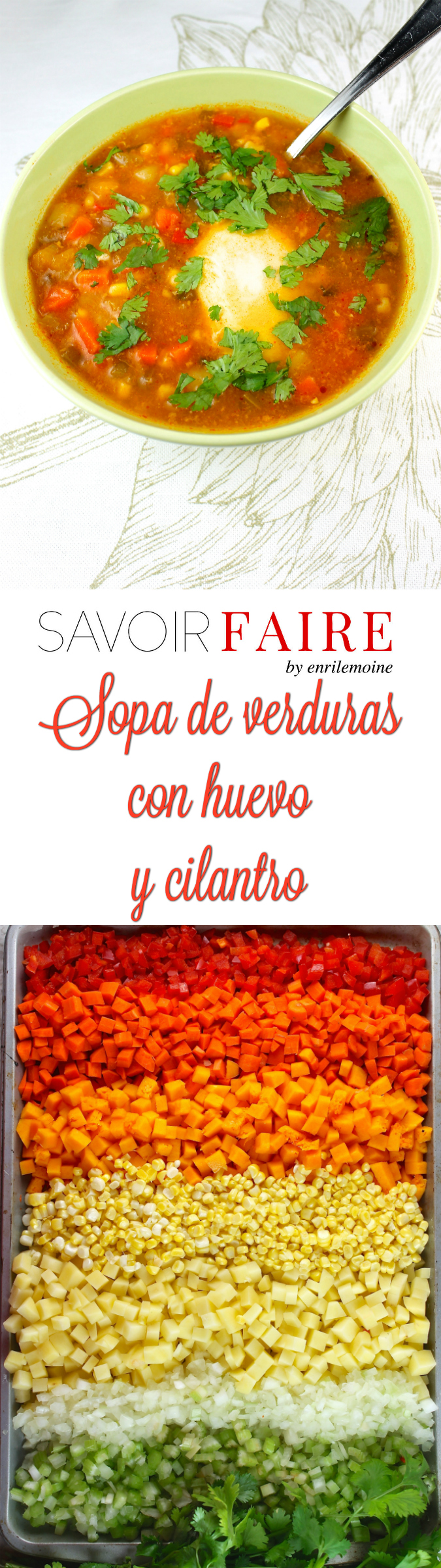 Nada conforta más que un buen plato de sopa. Esta receta de sopa de verduras tiene cebolla, apio, ajo, pimentón, calabaza (auyama), papas, calabacín, zanahoria, tomate, maíz y abundante cilantro. Puedes servirla totalmente vegana o agregarle un huevo a cada plato. Es una delicia. Haz clic para la receta paso a paso.
