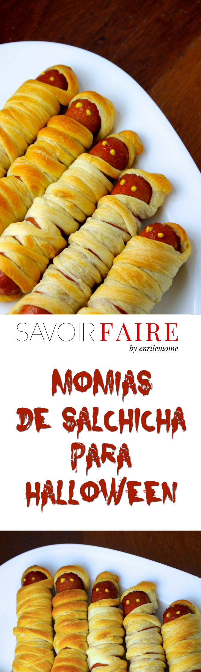 Dos ingredientes es lo que necesitas para hacer estas momias de salchicha para Halloween: masa para croissants y hotdogs. Los ojos son dos puntos de mostaza.