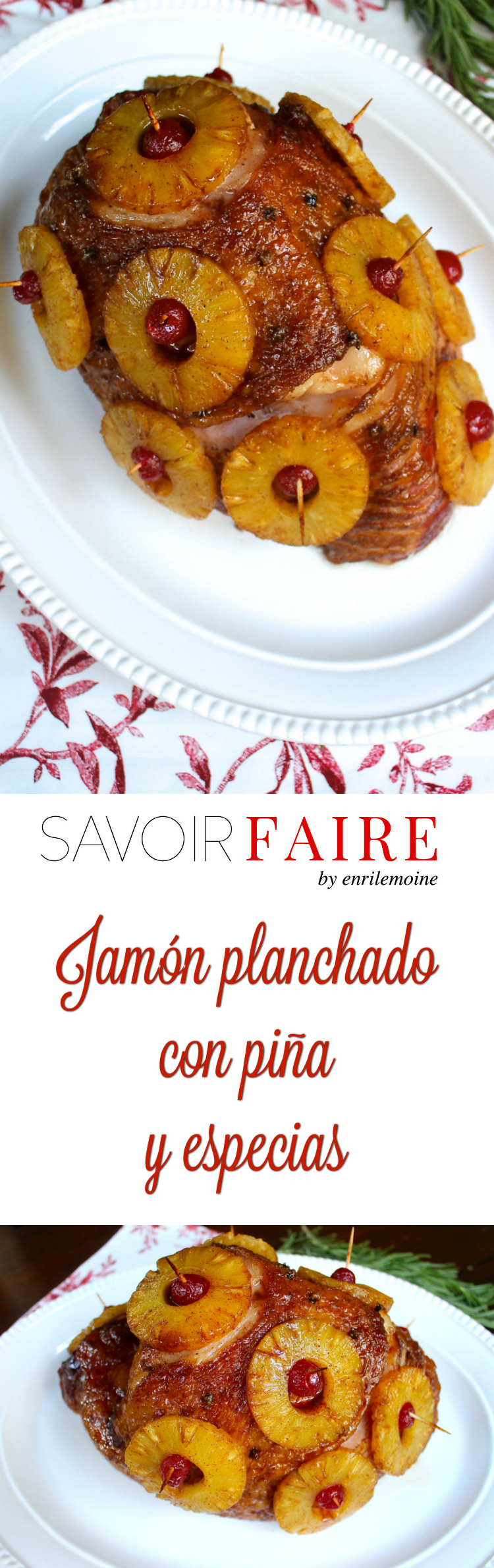 Esta es la clásica receta del jamón planchado a la manera de Caracas. Se glasea con jugo de piña y especias, se perfuma con clavitos de olor y se decora con rodajas de piña y cerezas marrasquino. No puede faltar en la mesa navideña, y también es una opción para Acción de Gracias y la Pascua de Resurrección #Ad #ElSaborDeHoy