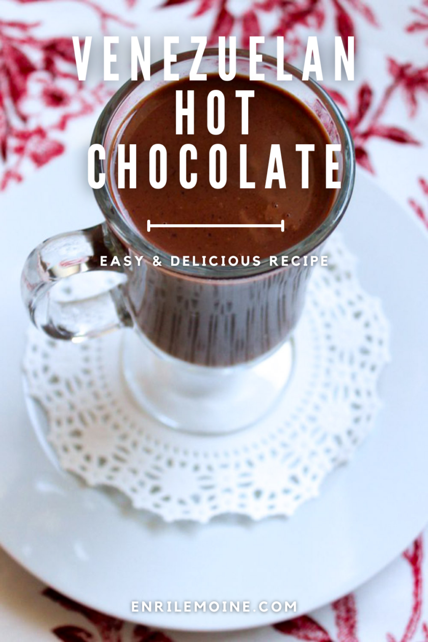 Rich Venezuelan hot chocolate served on a delicate white plate.
