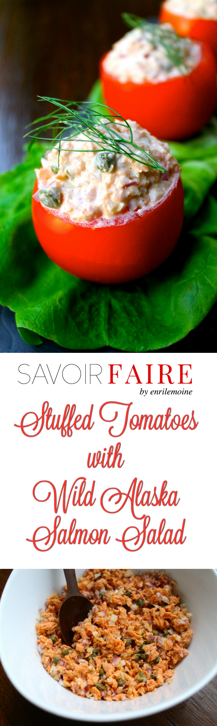 The perfect appetizer, these tomatoes are stuffed with a wild red sockeye Alaska salmon salad. Besides the salmon, the salad includes chopped red onion, fennel, cappers and mayo. Click for the step-by-step recipe #Ad #AskForAlaska