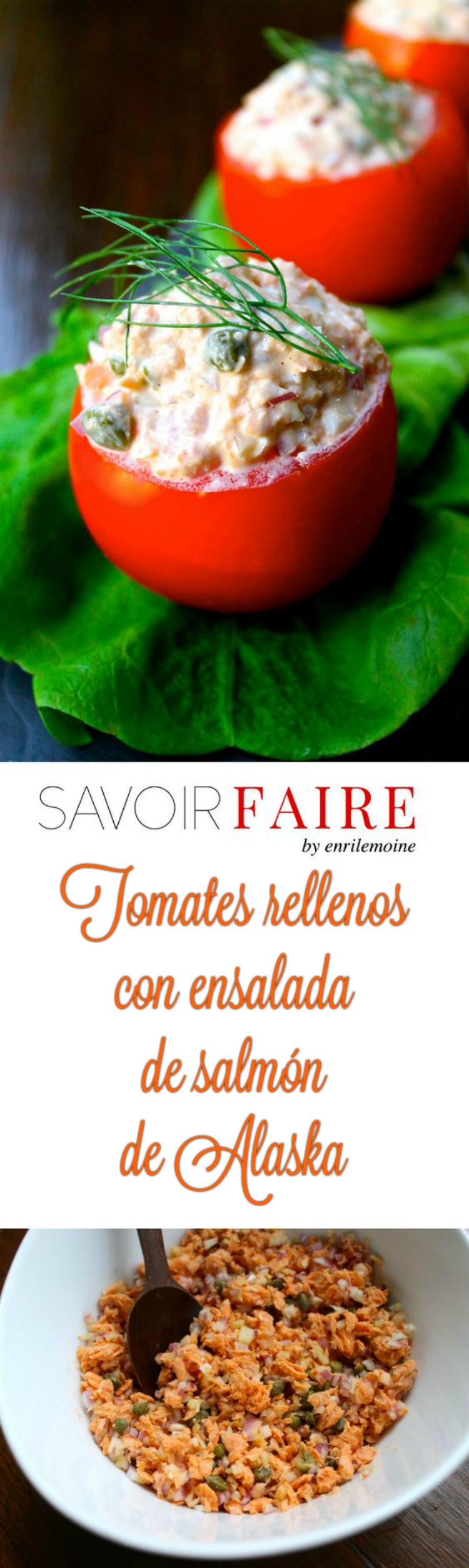 Estos tomates están rellenos con una ensalada de salmón de Alaska con hinojo, alcaparras y mayonesa. Se preparan en 10 minutos. Haz clic ver la receta paso a paso. #Ad #AskForAlaska