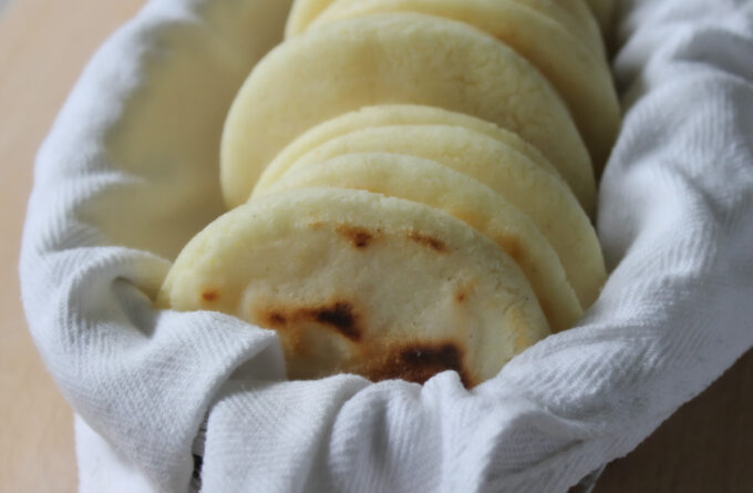 grill or frying pan for roasting arepas or tortillas, top view