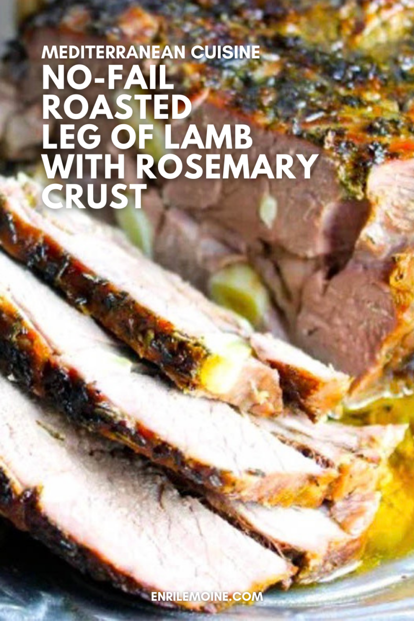 No fail roasted leg of lamb with rosemary crust. Image for Pinterest.
