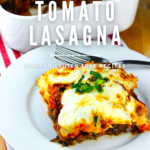Tomato and roasted eggplant lasagna with a fork on a plate.