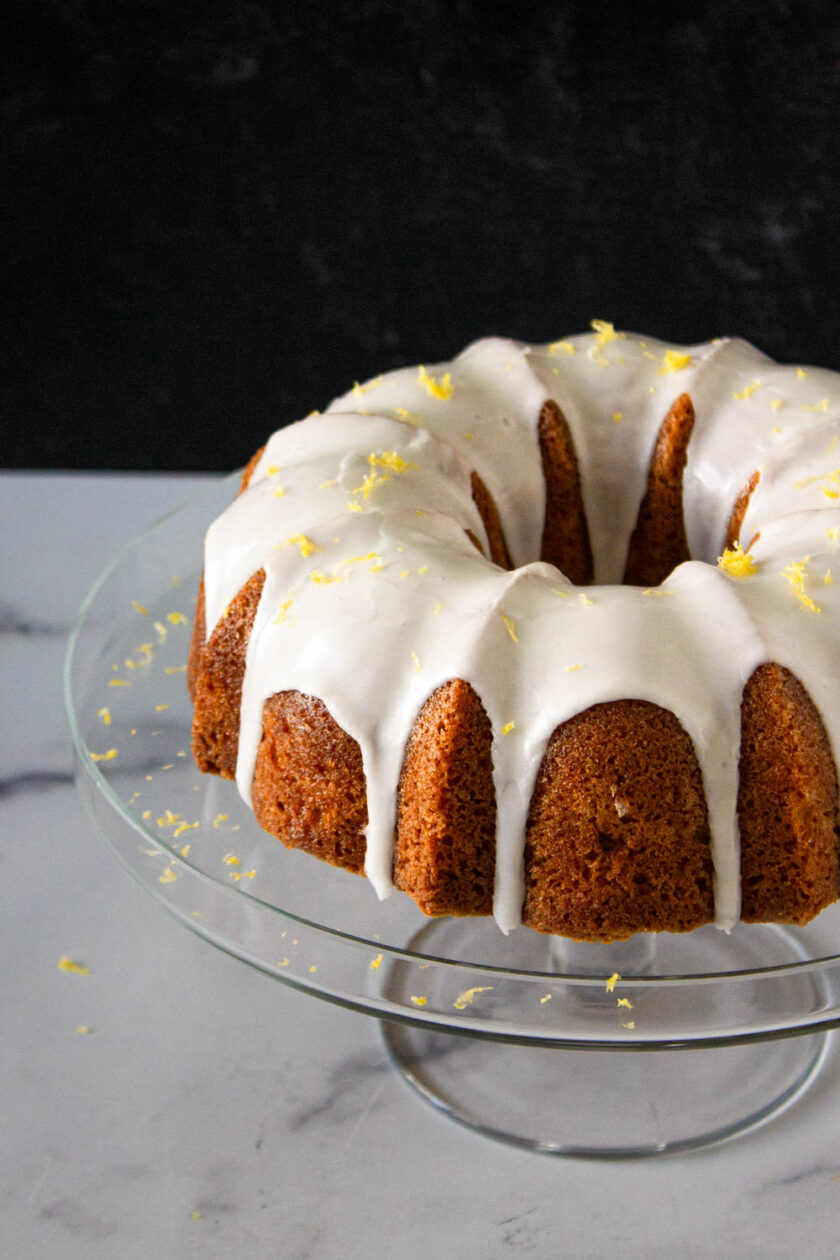 Meyer lemon bundt cake, glazed and with lemon zest on top