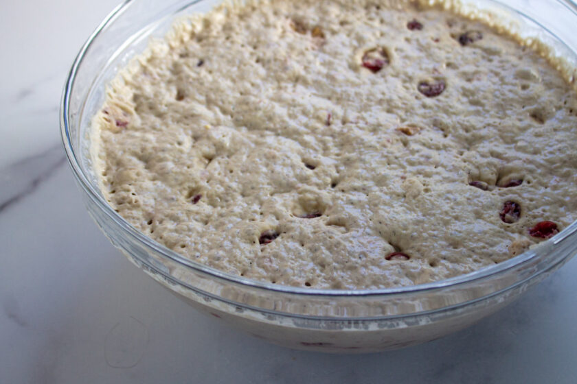 Un recipiente de vidrio con masa para pan de arándanos con nueces, by enrilemoine.