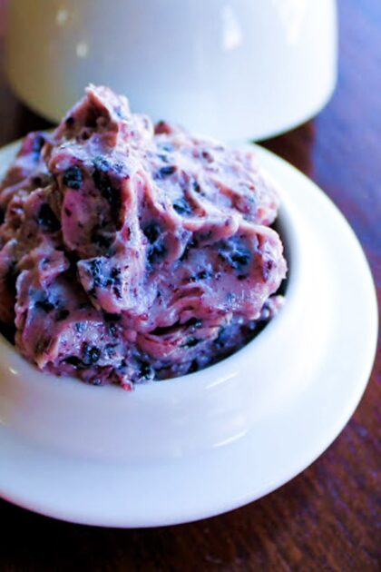 Blueberry butter in a butter dish.