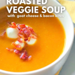 Creamy roasted veggie soup with goat cheese and bacon bits.