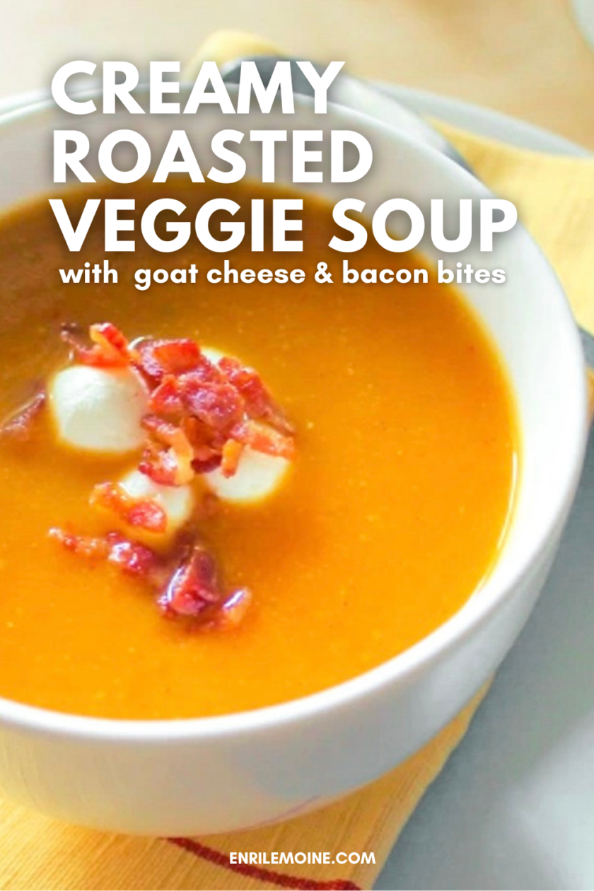 Creamy roasted veggie soup with great cheese and bacon bits.