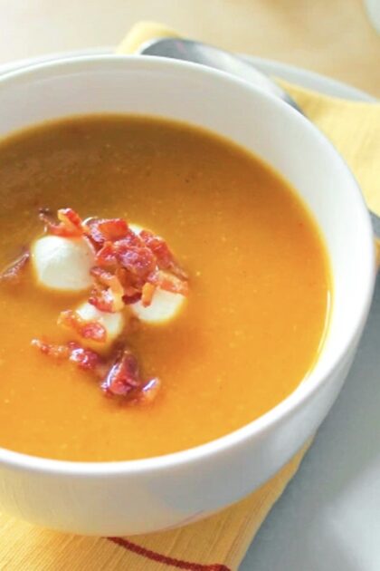 Creamy Roasted Veggie Soup with Bacon and Cheese.
