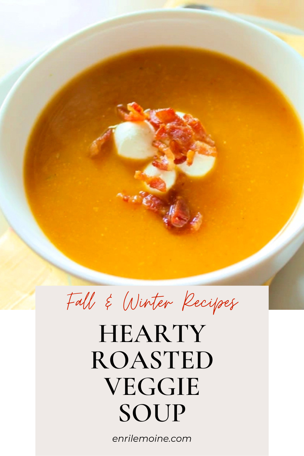 Creamy Roasted Vegetable Soup with Bacon Bits and Goat Cheese Pearls