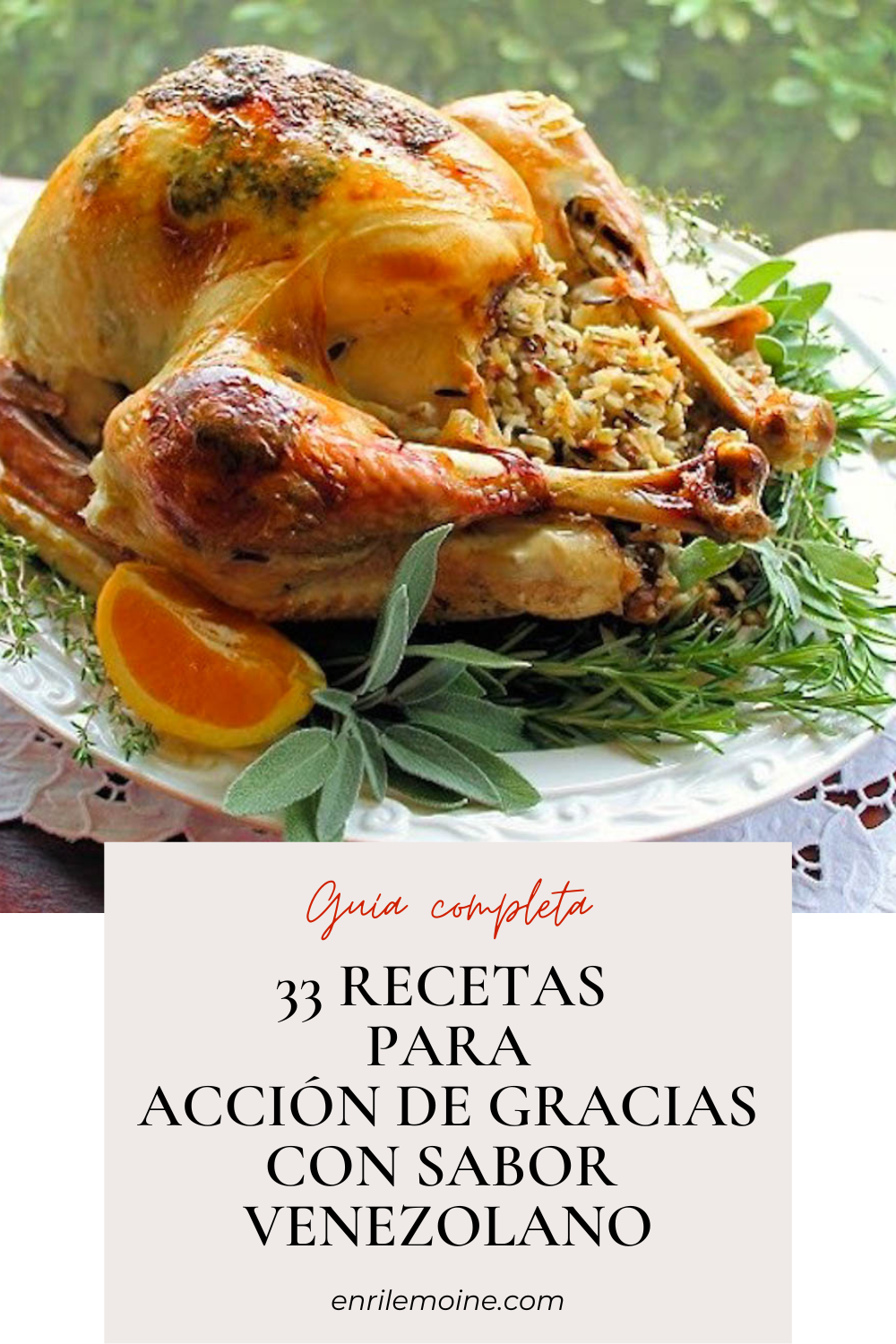 Un pavo en un plato con las palabras "recetas de Acción de Gracias para Venezuela".