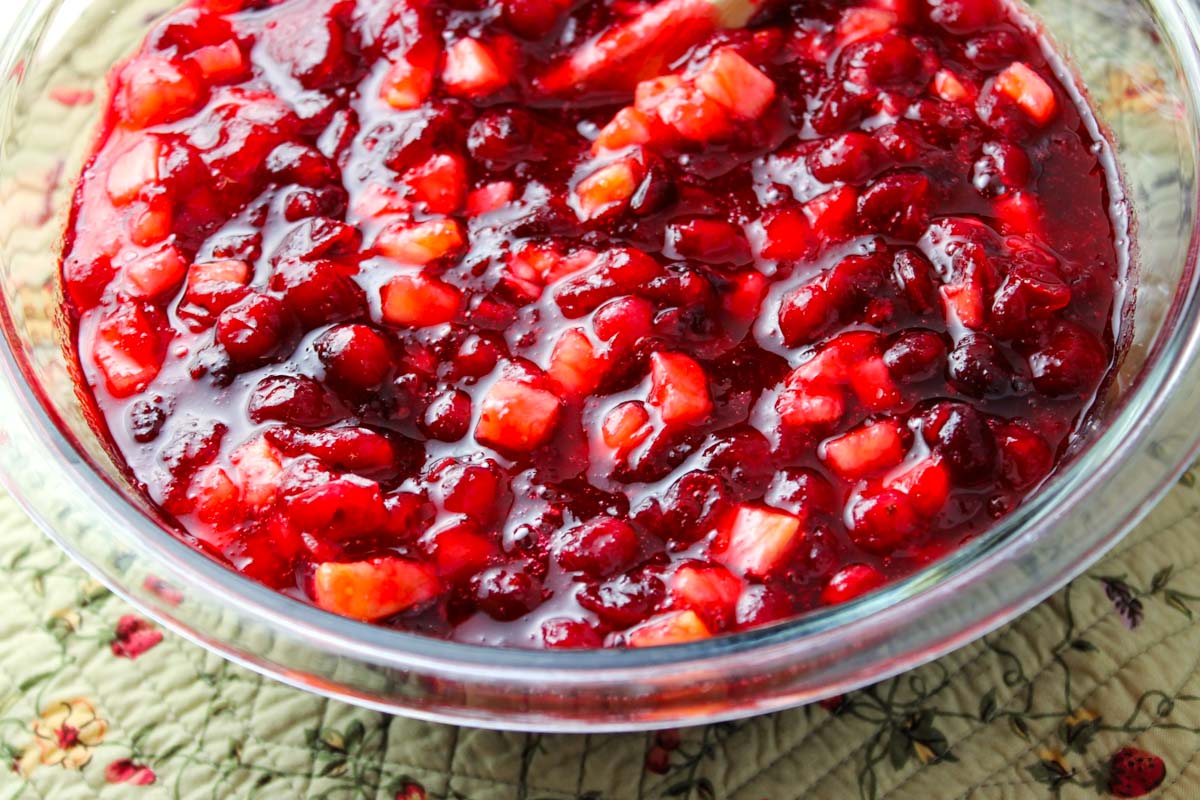 Fresh cranberry pineapple sauce in a bowl.