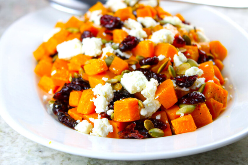 Roasted butternut squash salad with cranberries and feta.