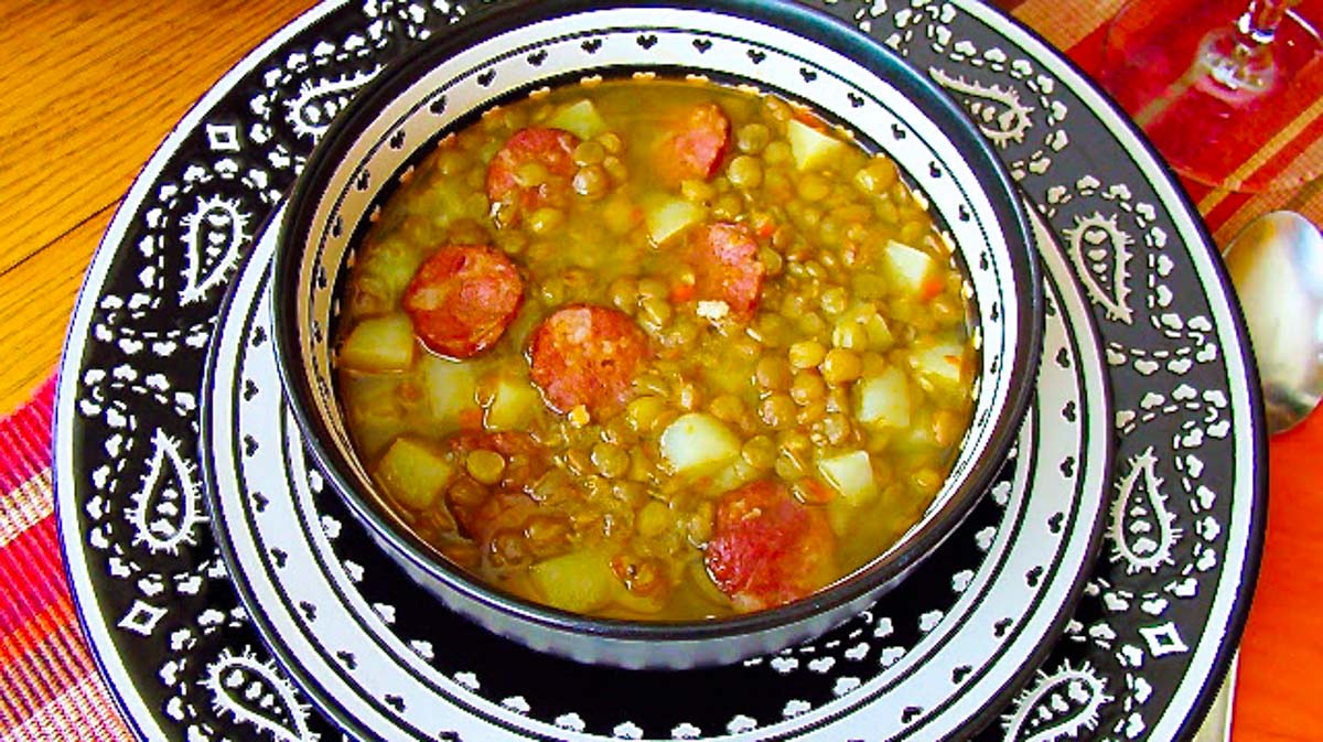 A bowl of lentil soup with Spanish Chorizo.