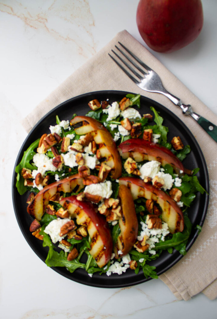 Grilled pear salad with goat cheese and pecans.