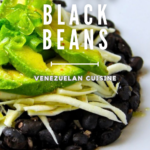 A plate of refried black beans with avocado and guacamole.