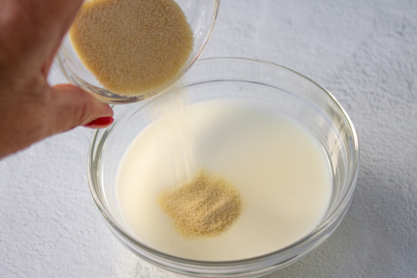 A person pouring powder gelatin into a bowl of milk.