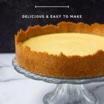 A whole key lime pie on a glass stand, with a thick, golden crust and smooth, creamy filling. text overlay reads "key lime pie, delicious & easy to make" on a black background.