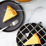 A slice of key lime pie on a black and white checkered plate beside a whole pie on a marble surface, with text overlay describing it as a classic american dessert recipe.