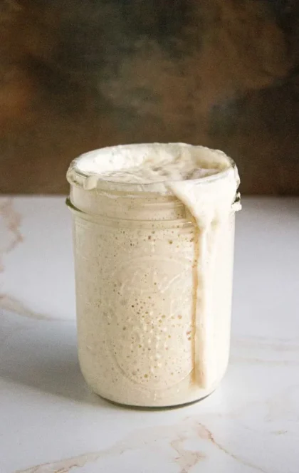 Un frasco de vidrio lleno de masa madre burbujeante y rebosante sobre una superficie de mármol.