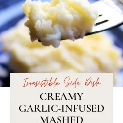 A fork holds a portion of creamy mashed potatoes above a plate. Text on the image reads: “Irresistible Side Dish. Creamy garlic-infused mashed potatoes. enrilemoine.com.”.