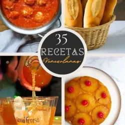 Un collage muestra albóndigas de cochino en salsa de tomate, venezolanas en salsa, una canasta de pan francés, un trago de guarapita de parchita y ron, y una torta volteada de piña, todas recetas de la cocina venezolana.