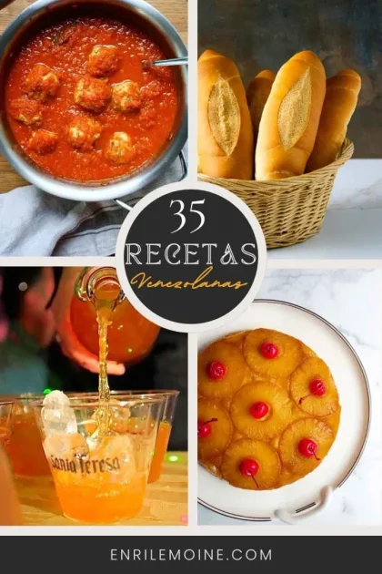 Un collage muestra albóndigas de cochino en salsa de tomate, venezolanas en salsa, una canasta de pan francés, un trago de guarapita de parchita y ron, y una torta volteada de piña, todas recetas de la cocina venezolana.