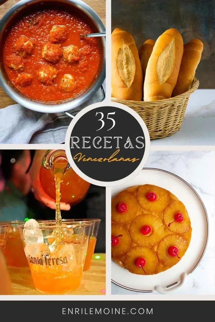 Un collage muestra albóndigas de cochino en salsa de tomate, venezolanas en salsa, una canasta de pan francés, un trago de guarapita de parchita y ron, y una torta volteada de piña, todas recetas de la cocina venezolana.
