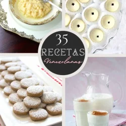 Un collage de platos venezolanos: dulce de leche cortada, papitas de leche, polvorositas de almendras y chicha de arroz criolla.
