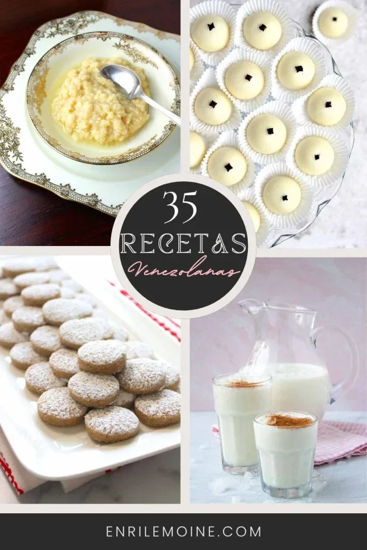 Un collage de platos venezolanos: dulce de leche cortada, papitas de leche, polvorositas de almendras y chicha de arroz criolla.