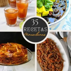 Un collage con comidas venezolanas: papelón con limón, sopa de caraotas negras, carne mechada y torta de plátano con queso.