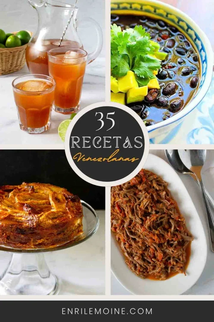 Un collage con comidas venezolanas: papelón con limón, sopa de caraotas negras, carne mechada y torta de plátano con queso.