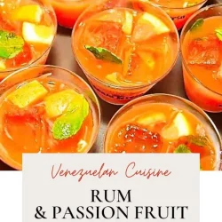 Cups of guarapita cocktail with fruit pieces and mint; text reads "Rum & Passion Fruit Guarapita Recipe.