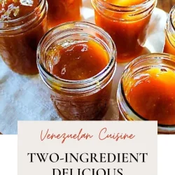 Jars filled with homemade guava jam on a white cloth, labeled as two-ingredient Venezuelan cuisine.