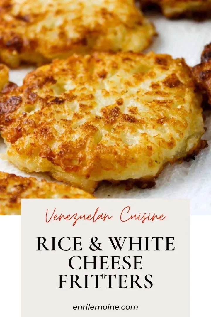 Golden-brown rice and white cheese fritters aka torticas de arroz, on a tray.