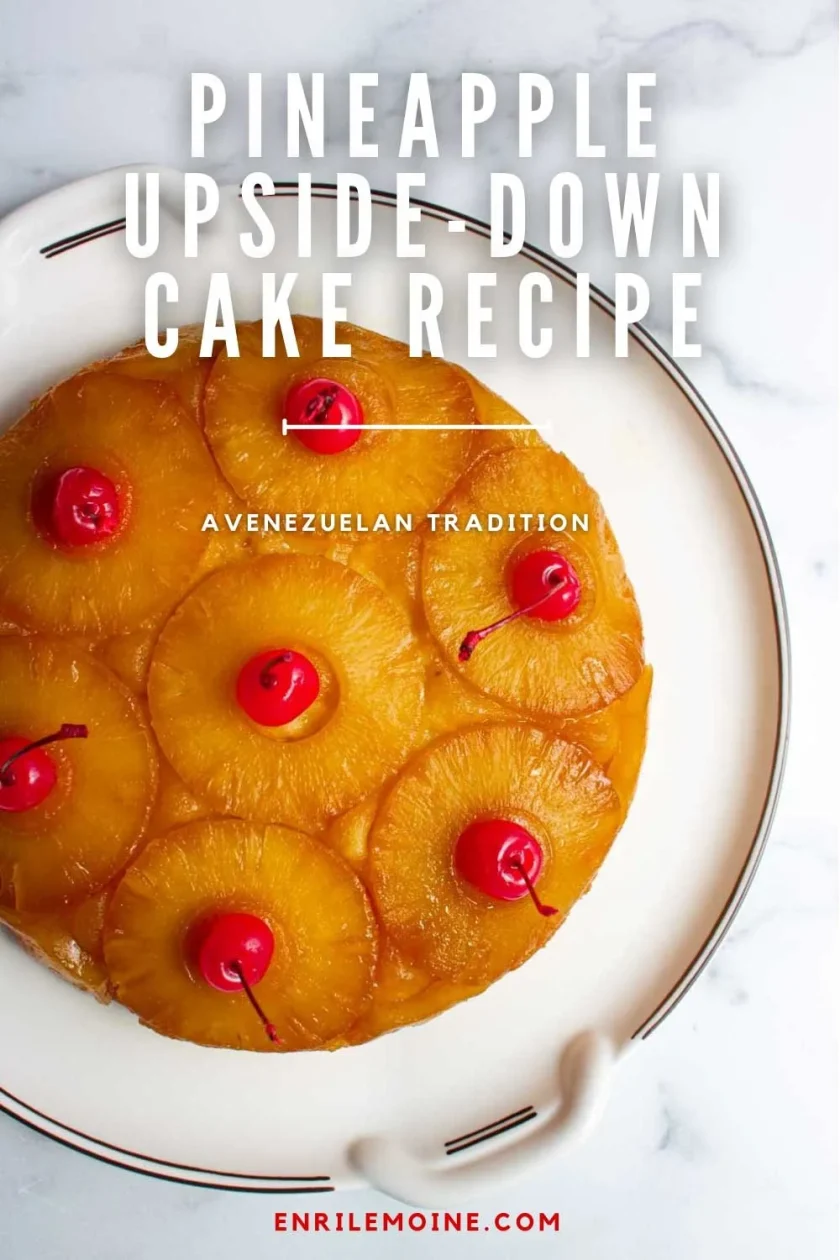 A pineapple upside-down cake, made al estilo venezolano and topped with cherries, sits on a white plate, viewed from above. A pineapple upside-down cake, made al estilo venezolano and topped with cherries, sits on a white plate, viewed from above.